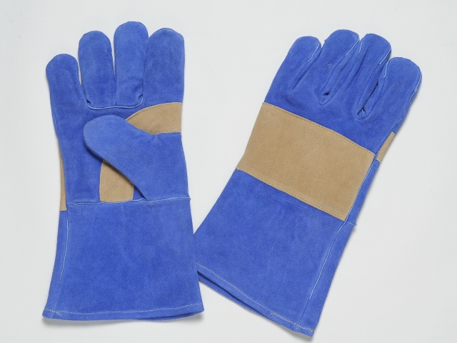 BLUE COLOUR SPLIT ALL LEATHER GLOVES, RE-INFORCEMENT ON THE PALM OF BROWN SPLIT LEATHER