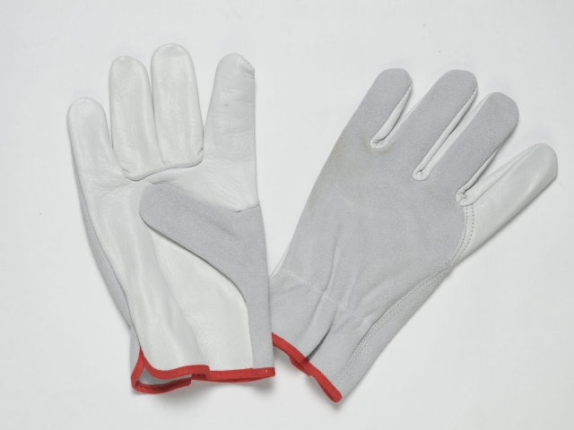 NATURAL LEATHER GLOVES WITH GRAIN ON PALM, THUMB AND FOREFINGER, NATURAL SPLIT BACK, ADJUSTABLE ELASTIC IN THE WRIST, COLOURED BINDING